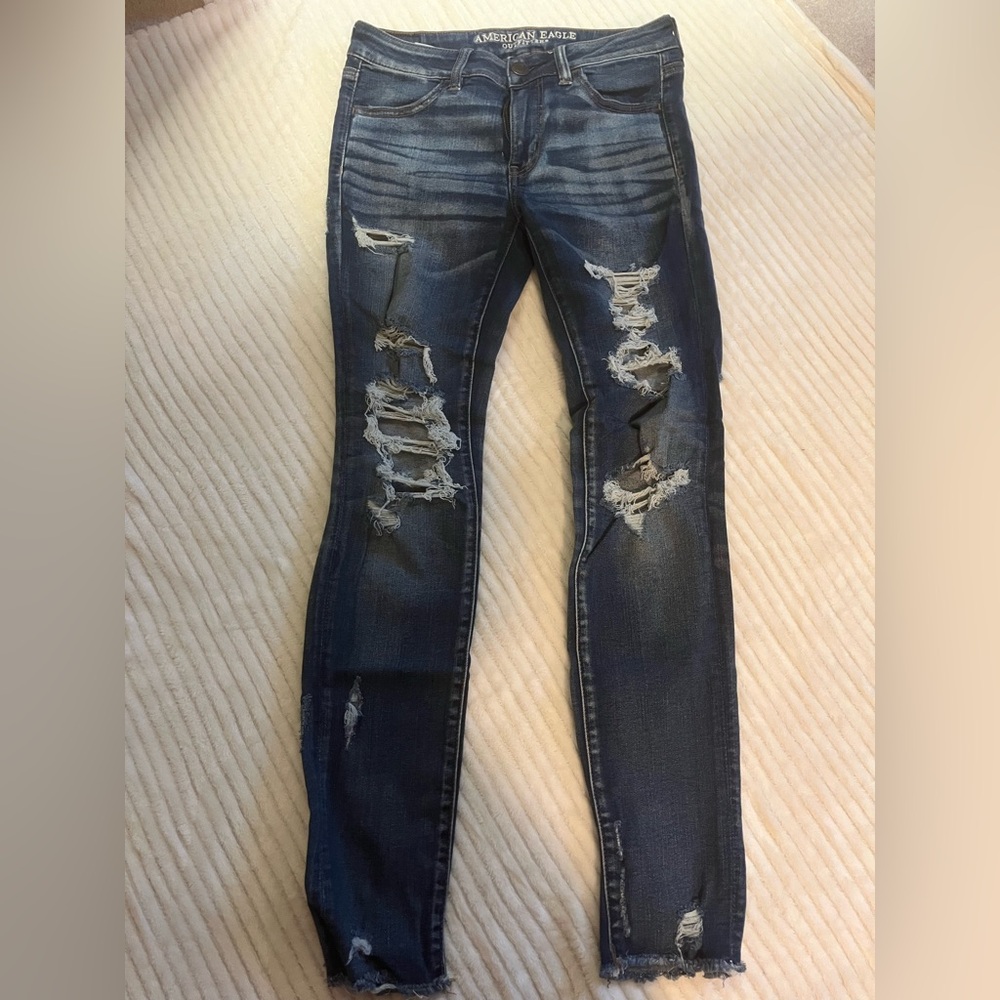 AE Next Level Stretch 4R RippedDark Blue Distressed Women's Jeans - Picture 1 of 9